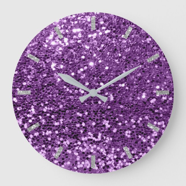 Amethyst Violet Lila Funkelnd Imitat Glitzer Grau Große Wanduhr (Vorderseite)