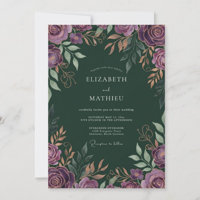 Amethyst-Wald-Blatt-Hochzeit Einladung (Vorderseite)