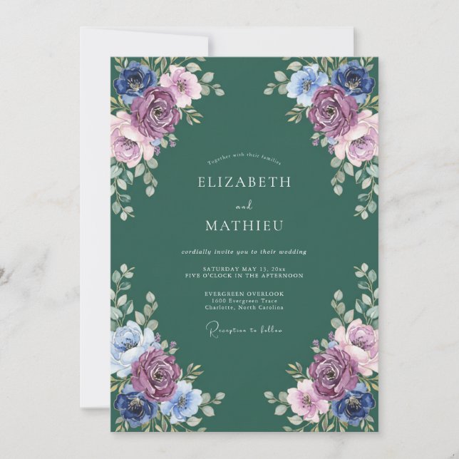 Amethyst-Wald-Hochzeit mit Eukalyptus Einladung (Vorderseite)