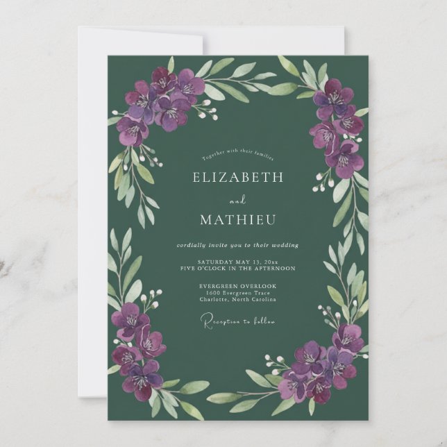Amethyst-Waldreben-Hochzeit Einladung (Vorderseite)