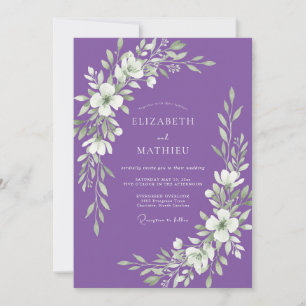 Amethyst-Wasserfarben-Hochzeit mit Blättern Einladung