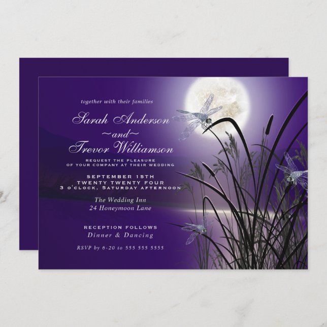 Amethyst Wedding Full Moon Dragonfly Pond Einladung (Vorne/Hinten)