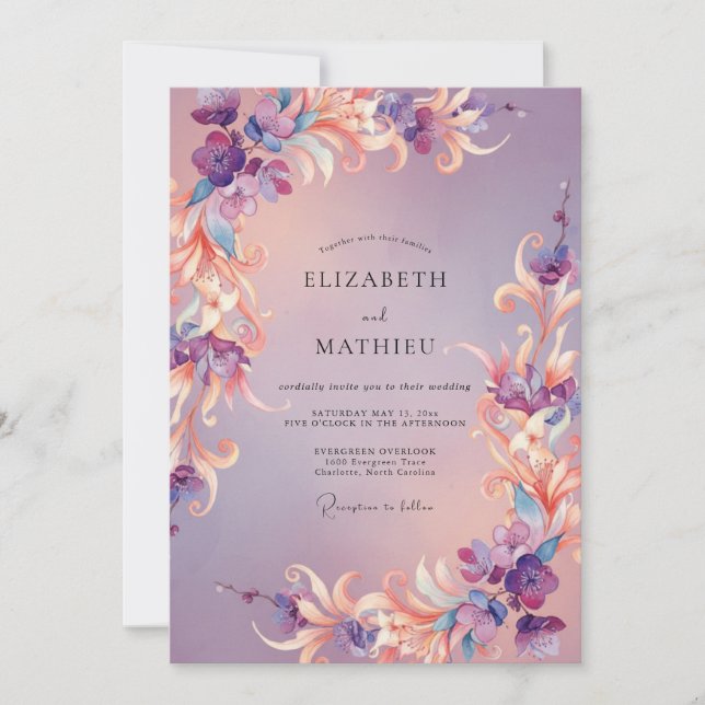 Amethyst Whimsical Flora Hochzeit Einladung (Vorderseite)