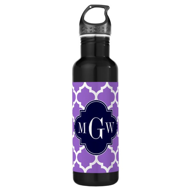 Amethyst White Marokcan #5 Navy 3 Initial Monogram Trinkflasche (Vorderseite)