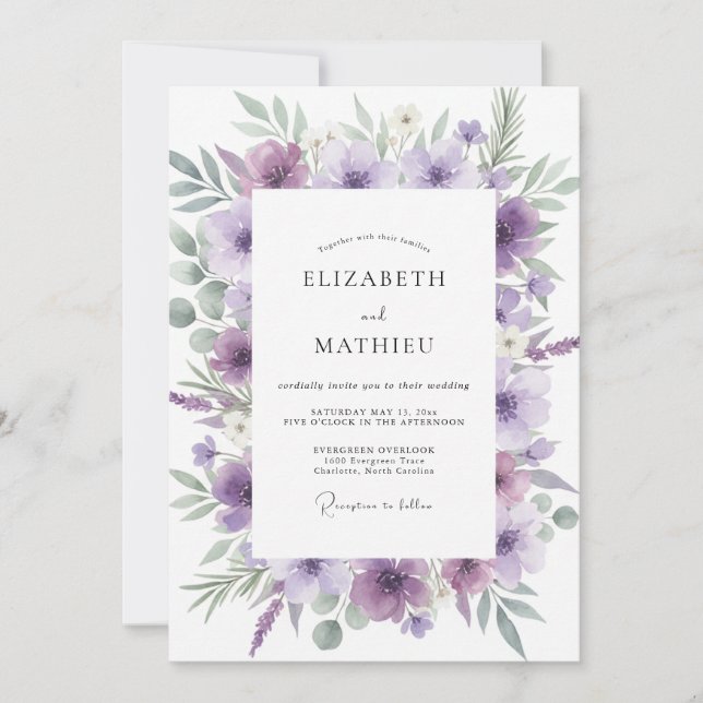 Amethyst-Wildflower-Hochzeit Einladung (Vorderseite)