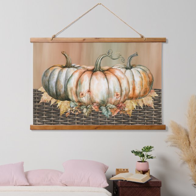 Amigrierender Orangen-, Weiß- und Grünfarbenkürbis Wandteppich Mit Holzrahmen (Schlafzimmer)