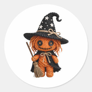 Amigurumi-Style gehäkelt Kürbishexe mit Besen Runder Aufkleber