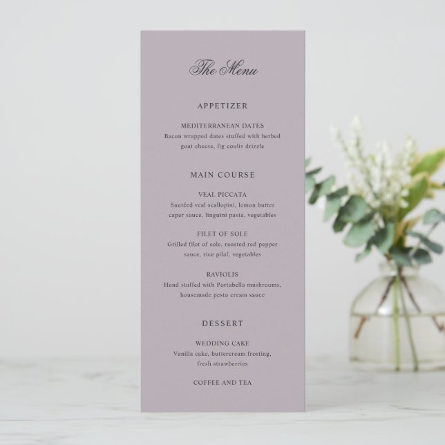 Amira Dusty Lilac Elegant Wedding Menükarte (Stehend Vorderseite)