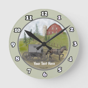 Amish-Kutsche-Besuchsuhr Runde Wanduhr