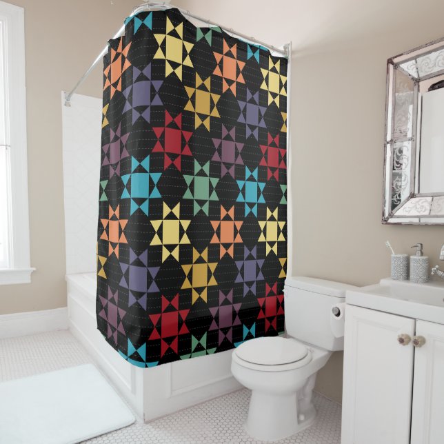 Amish Quilt Print Bright Colors on Black Gemustert Duschvorhang (Beispiel)