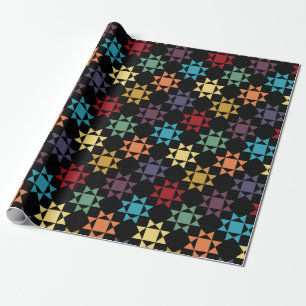 Amish Quilt Print Bright Colors on Black Gemustert Geschenkpapier