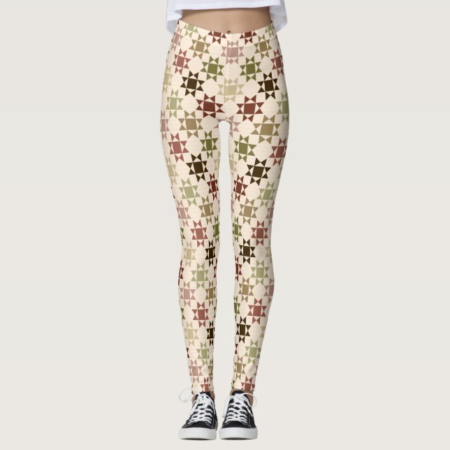 Amish Quilt Print Cream Neutral Farben Gemustert Leggings (Vorderseite)