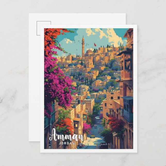 Amman Jordan Vintag Art Travel Illustration Postkarte (Vorne/Hinten)