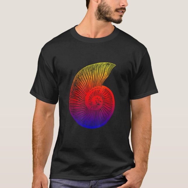 Ammonit Red Blue Yellow Fossil Design T-Shirt (Vorderseite)