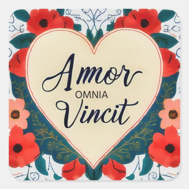 Amor Omnia Vincit - Zitat Quadratischer Aufkleber (Vorderseite)