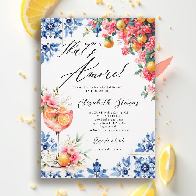 Amore Italian Lemon Floral Brunch Bridal Shower  Einladung (thats amore italian themed bridal shower invitation lemon blue watercolor floral bouganvillea brunch)