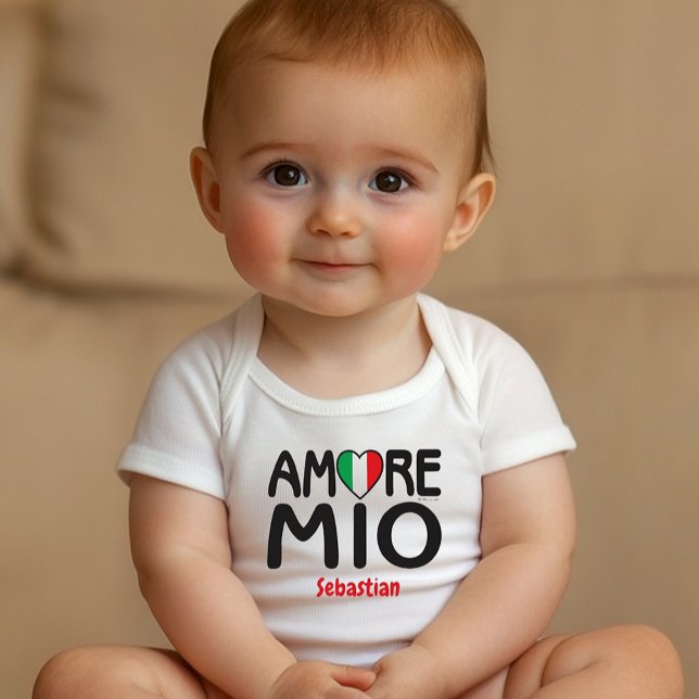 AMORE MIO.ai Baby Bodysuit Strampler (Amore Mio with Italian Flag Heart personalized white baby bodysuit for baby shower gift, new mom )