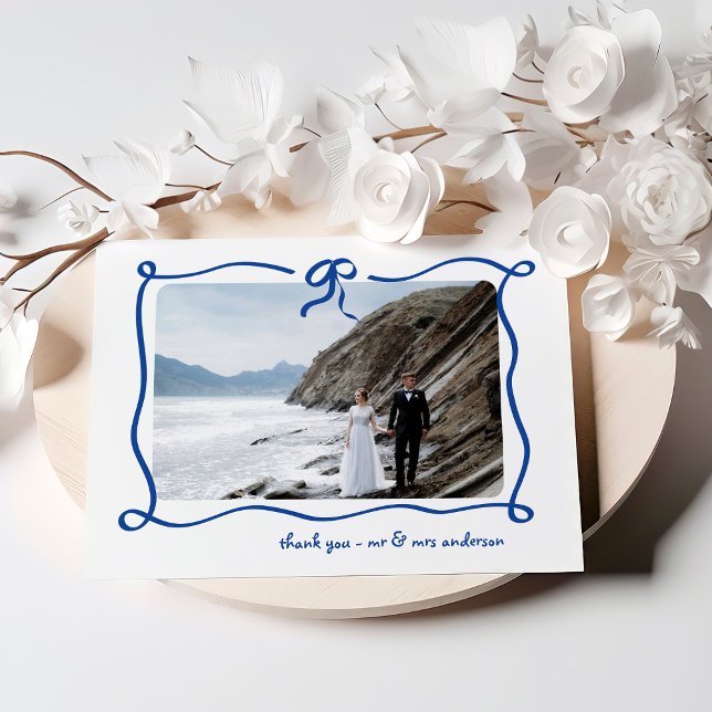Amour | Blue French Bow and Foto Wedding Dankeskarte (Von Creator hochgeladen)