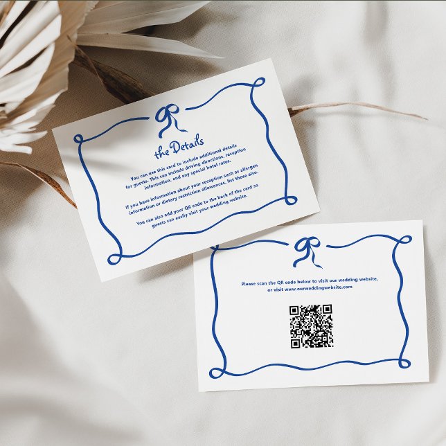 Amour | Blue French Bow Wedding Details QR Code Begleitkarte (Von Creator hochgeladen)