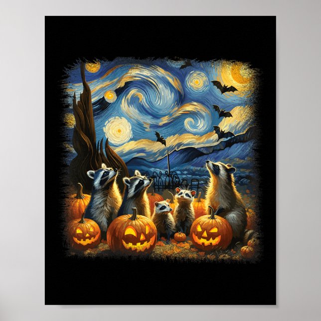 &amp; Possum Halloween Fall Van Gogh Starry Night Poster (Vorne)
