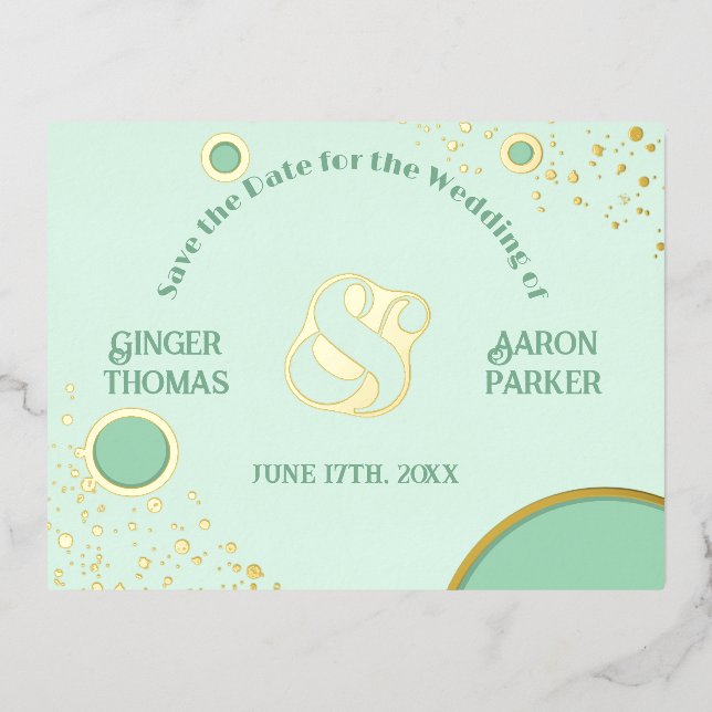 Amperand Retro Green Gold Wedding rettet das Datum Folie Einladungspostkarte (Vorderseite)