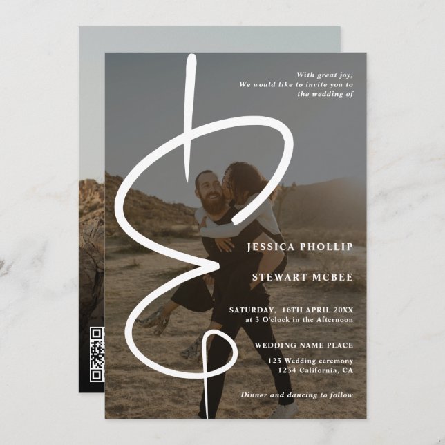 Ampersand Chic Foto Kalligraphie Qr Code Hochzeit Einladung (Vorne/Hinten)