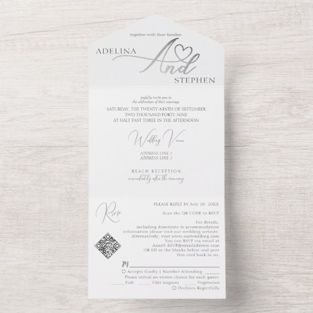 Ampersand Elegantes Script QR Code Budget Hochzeit All In One Einladung (Innen Boden)