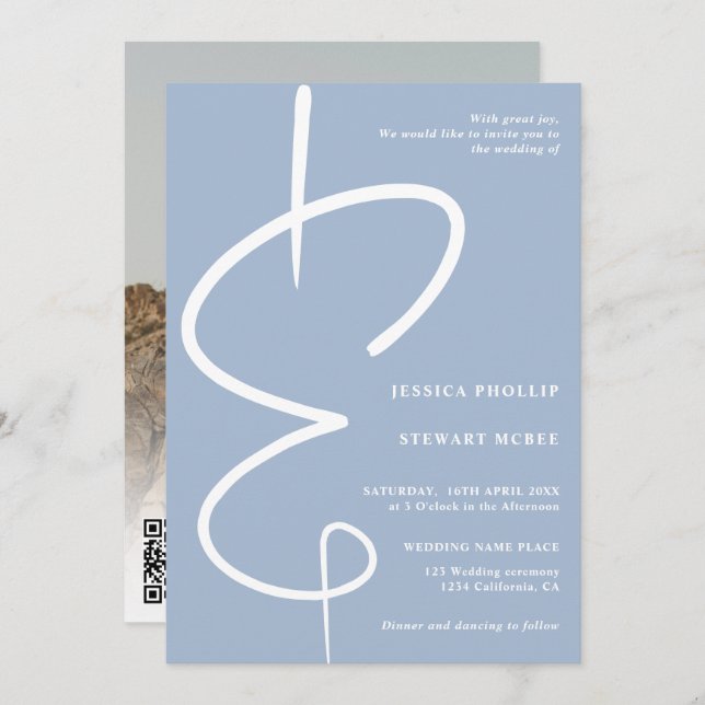 Ampersand Foto Eisblauen Skript Qr Code Hochzeit Einladung (Vorne/Hinten)