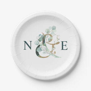 Ampersand Monogram Gold Green Wedding Pappteller