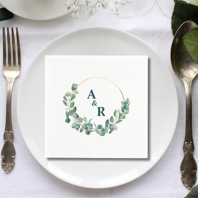 Ampersand Monogram Greenerenerals Initials Wedding Serviette (Ampersand monogram greenery initials wedding paper napkins add fresh elegant charm to receptions.)