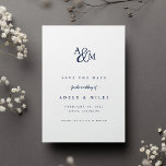 Ampersand Monogram Save the Date Card | Navy<br><div class="desc">Simple and elegant save the date cards notify your guests of your upcoming wedding in timeless style. Crisp white cards feature your initials worked into a monogram design, joined by a calligraphy script ampersand. "Save the date" appears beneath, with your names, wedding date and location beneath in classic navy blue...</div>