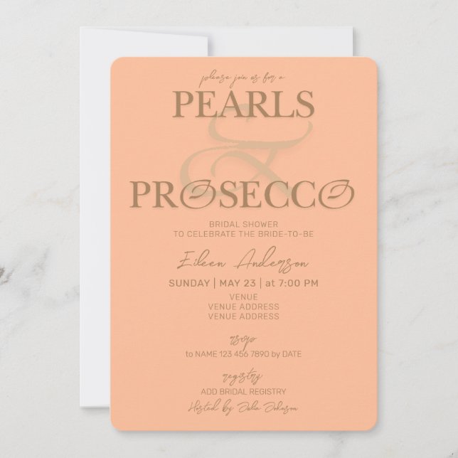 Ampersand Peach Fuzz Pearls Prosecco Brautparty Einladung (Vorderseite)