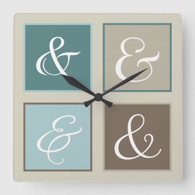 Ampersand-Quadrate, Aquamarin, blau, braun, grau Quadratische Wanduhr (Vorderseite)