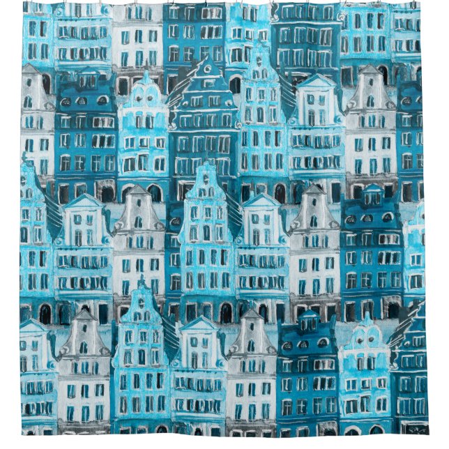 Amsterdam Architektur, blaue Aquarelltextur. Duschvorhang (Vorderseite)