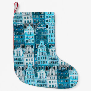 Amsterdam-Architektur, blaue Aquarelltextur. Kleiner Weihnachtsstrumpf
