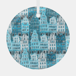 Amsterdam Architektur, blaue Aquarelltextur. Ornament Aus Glas