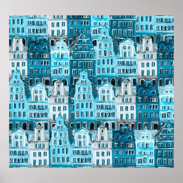 Amsterdam Architektur, blaue Aquarelltextur. Poster (Vorne)