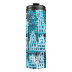 Amsterdam-Architektur, blaue Aquarelltextur. Thermosbecher