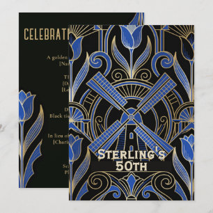 Amsterdam Art Deco 50. Geburtstag Windmühlen Einladung
