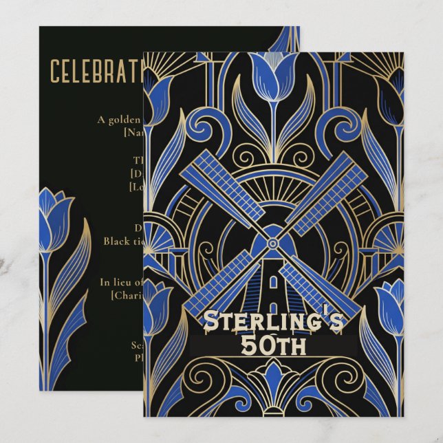 Amsterdam Art Deco | 50. Geburtstag Windmühlen Einladung (Vorne/Hinten)