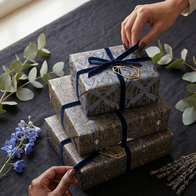 Amsterdam Art Deco | Kanalhäuser & Windmühlen Geschenkpapier Set (Lifestyle Shot)