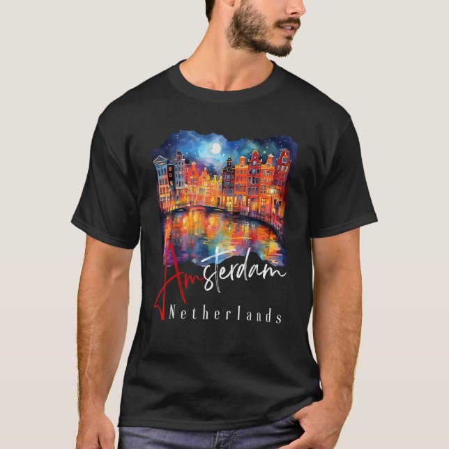 Amsterdam At Night Painting - Niederlande - Amster T-Shirt (Vorderseite)