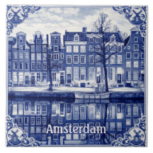 Amsterdam canal Delft Blue style Ceramic Tile