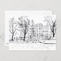 Amsterdam Canal Houses Black and White Sketch
