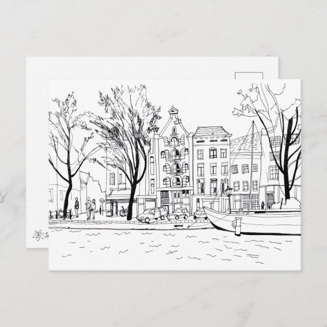 Amsterdam Canal Houses Black and White Sketch Postkarte (Vorne/Hinten)