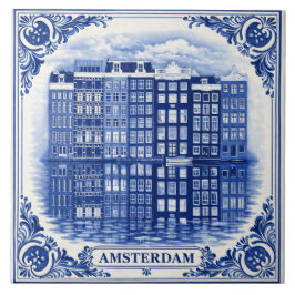 Amsterdam canal houses Delft Blue style tile Fliese