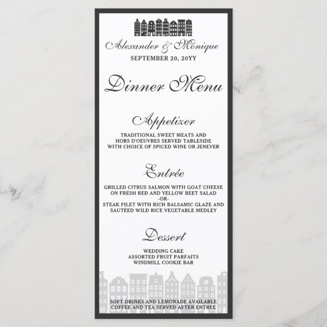 Amsterdam Canal Houses Dutch Wedding Dinner Menu Menükarte (Vorderseite)