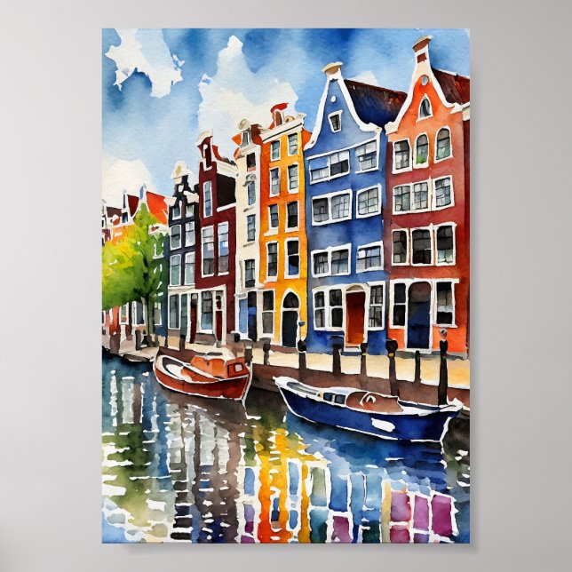 Amsterdam Canal Houses Watercolor Art Print Poster (Vorne)