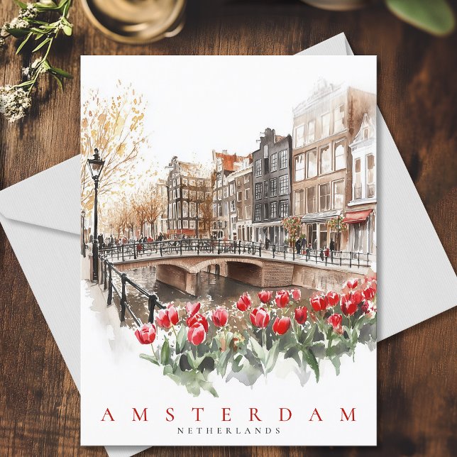 Amsterdam Canal Red Tulips Watercolor Reisen Postkarte (Amsterdam Canal Red Tulips Watercolor Travel Postcard)