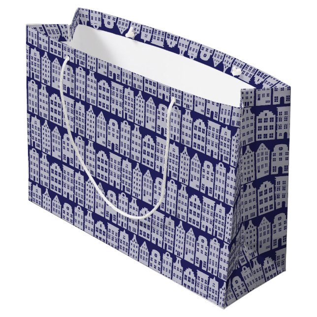 Amsterdam Canal Row Houses Cobalt Blue Pattern Große Geschenktüte (Rückseite Schrägansicht)